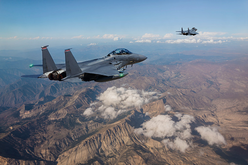 Arrecife, Spain – September 25, 2014: Spanish Air Force F-18 Hornet fighter jets on final for landing in Arrecife