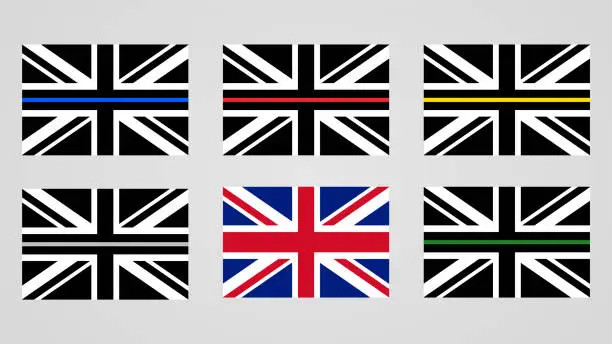 Vector illustration of Union Jack flag of the United Kingdom and thin line flags.