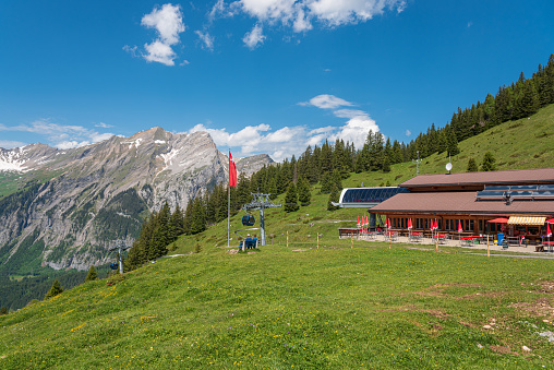 Kandersteg, Switzerland - June 19, 2019: Landscape panorama at the Oeschinen mountain station with the mountains Large Lohner, Small Lohner and the Bonderspitz in Kandersteg in the Bernese Oberland of Switzerland