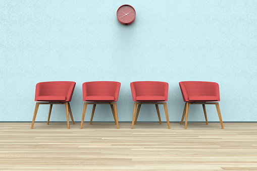 3D rendering of chairs and clock in a waiting room