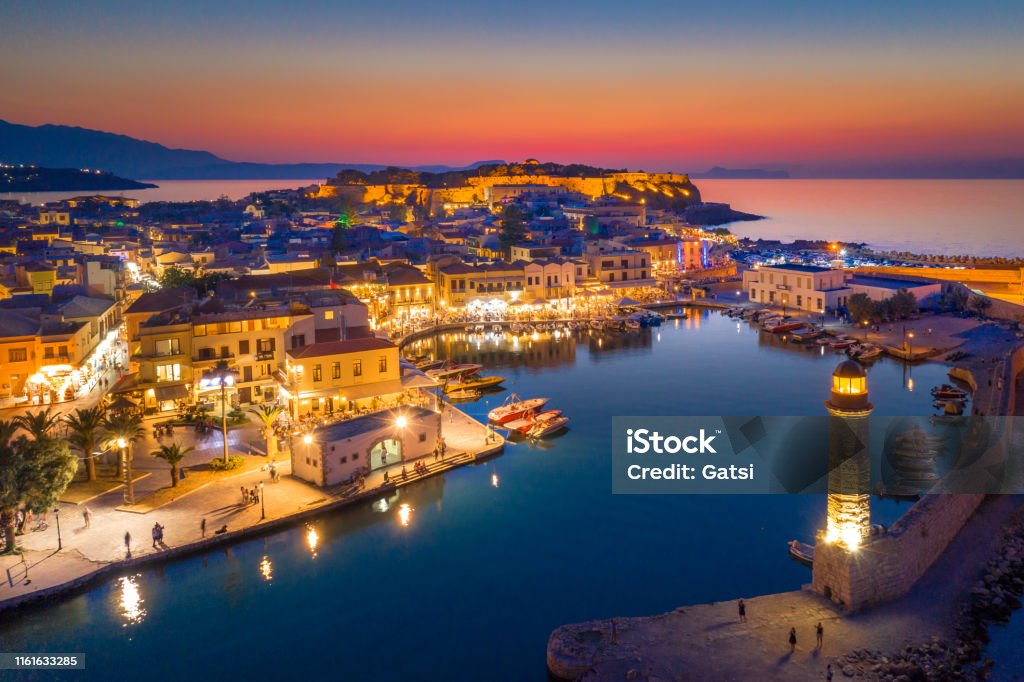 Rethymno city at Crete island in Greece. Aerial view of the old venetian harbor. Rethymnon Stock Photo