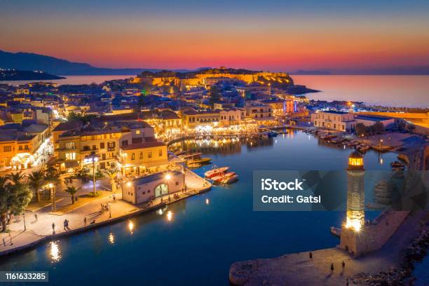 Rethymno City At Crete Island In Greece Aerial View Of The Old Venetian Harbor Stock Photo - Download Image Now