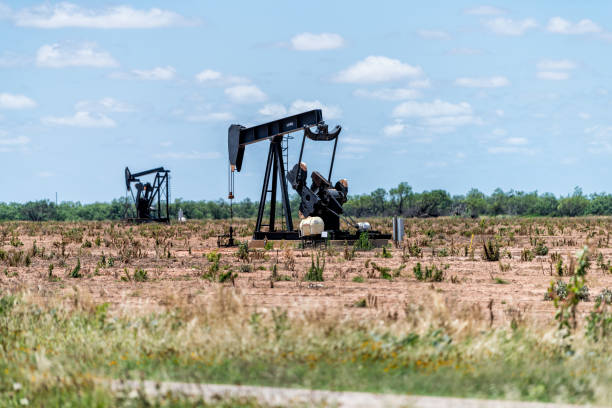 pumpjack su oilfields nelle praterie del texas con segno lufkin sulla macchina - oil pump oil industry prairie field foto e immagini stock