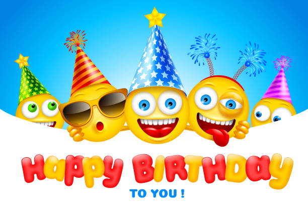 Happy Birthday Greeting Card Happy Birthday greeting design with characters of emoji or smileys, cheerful and dressed in festive accessories. Empty space for your text. Vector illustration. birthday birthday card greeting card cheerful stock illustrations