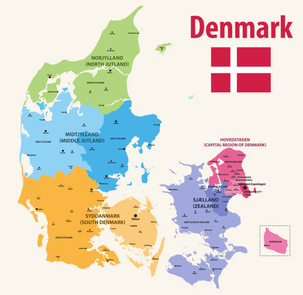 ilustraciones, imágenes clip art, dibujos animados e iconos de stock de mapa vectorial pf provincias de dinamarca coloreadas por regiones con las principales ciudades en él - denmark map copenhagen cartography