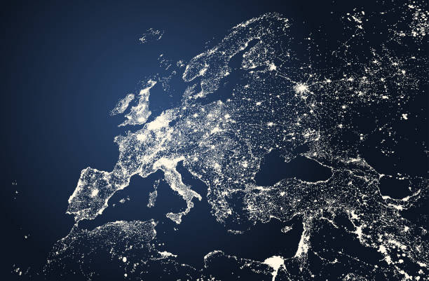 wektor piękna ilustracja europy miast światła mapa - france denmark stock illustrations