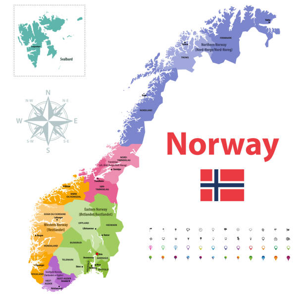 illustrazioni stock, clip art, cartoni animati e icone di tendenza di mappa vettoriale delle contee norvegesi, colorata per aree - map of norway