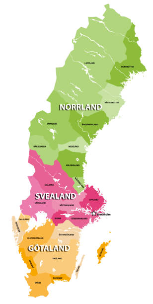 ilustraciones, imágenes clip art, dibujos animados e iconos de stock de las tierras de suecia mapa vectorial. tres partes tradicionales de suecia cada una consten cada una de las provincias - norrland