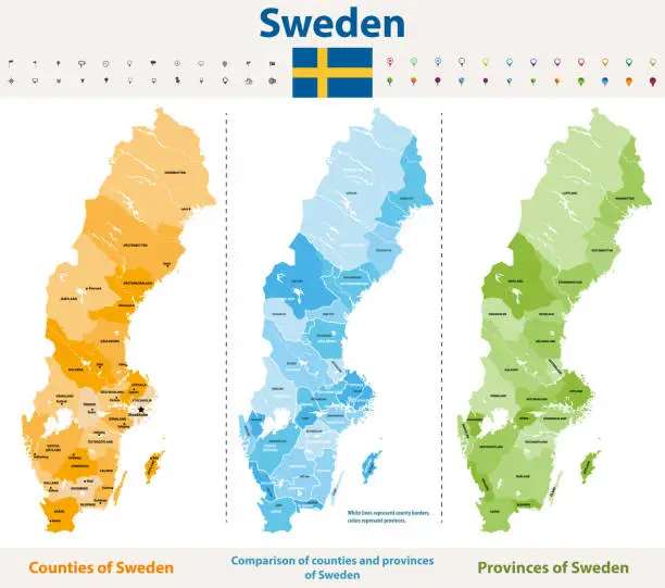 Vector illustration of vector maps of Sweden counties and provinces