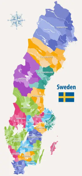 Vector illustration of vector colorful map of Sweden municipalities colored by counties