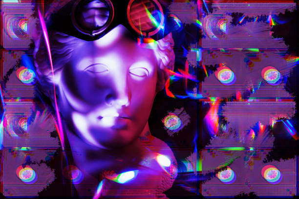 istock Modern conceptual art poster with face ancient statue and vhs cassetes. Collage of contemporary art. 1161638317
