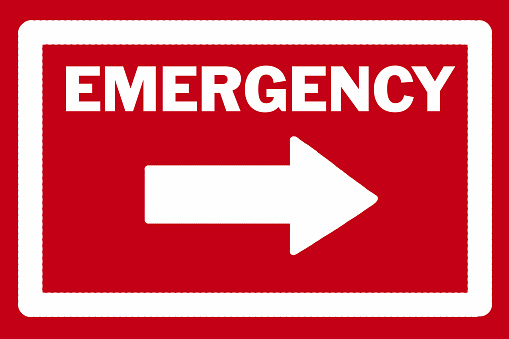 EMERGENCY sign and arrow in white pointing to the right against a red background.