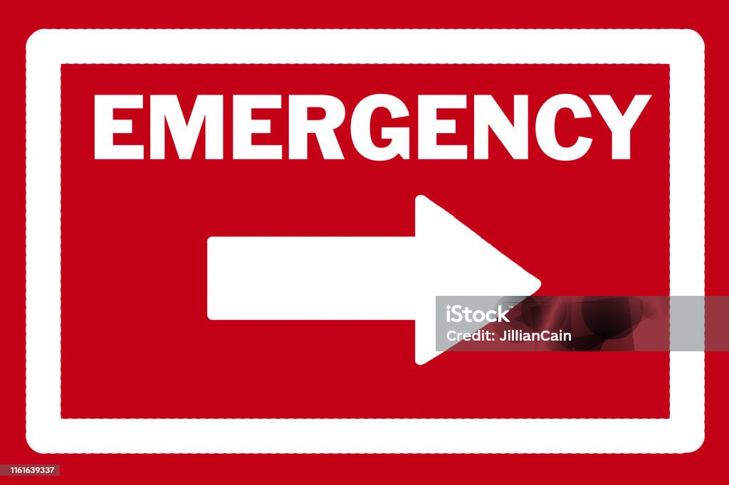 Emergency sign with arrow EMERGENCY sign and arrow in white pointing to the right against a red background. Emergency Room Stock Photo