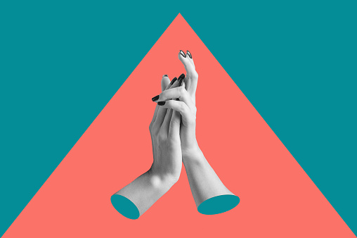 Modern conceptual art poster with a hands in a pop surreal style. Collage of contemporary art.