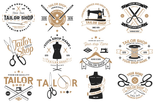 Set of tailor shop badges. Vector illustration Concept for shirt, print, stamp label or tee. Vintage typography design with sewing needle and scissors silhouette. Retro design for sewing shop business