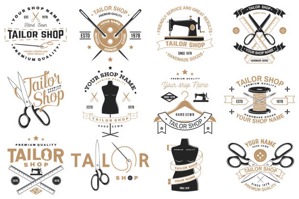 Tailor shop badge. Vector. Concept for shirt, print, stamp label or tee. Vintage typography design with sewing needle and scissors silhouette. Retro design for sewing shop business Set of tailor shop badges. Vector illustration Concept for shirt, print, stamp label or tee. Vintage typography design with sewing needle and scissors silhouette. Retro design for sewing shop business button sewing item stock illustrations