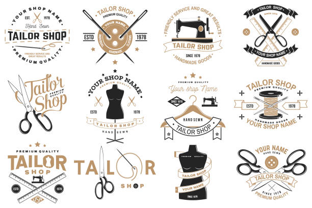 Tailor shop badge. Vector. Concept for shirt, print, stamp label or tee. Vintage typography design with sewing needle and scissors silhouette. Retro design for sewing shop business Set of tailor shop badges. Vector illustration Concept for shirt, print, stamp label or tee. Vintage typography design with sewing needle and scissors silhouette. Retro design for sewing shop business Seam stock illustrations