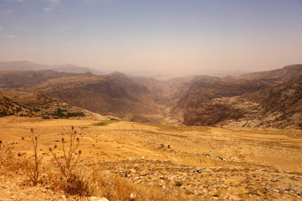 View at Dana Biosphere Reserve in Jordan. Mountains, sky, dry soil, desert trees landscape