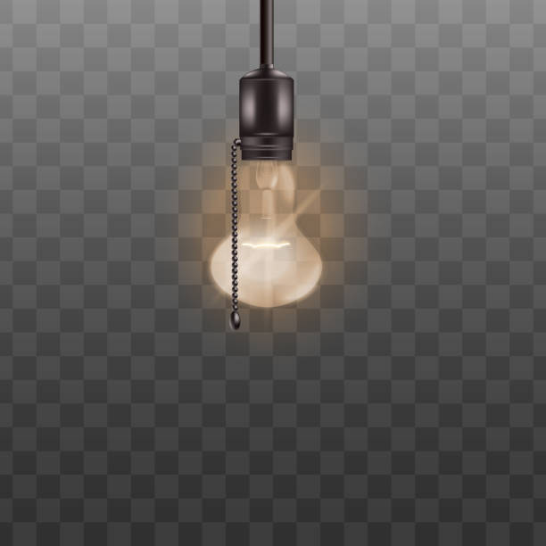 Lit light bulb ceiling lamp with switch rope isolated on transparent background. Lit light bulb ceiling lamp with switch rope isolated on transparent background. Realistic glass lightbulb with bright glowing fuse, symbol of electricity power and new idea - vector illustration tungsten image stock illustrations
