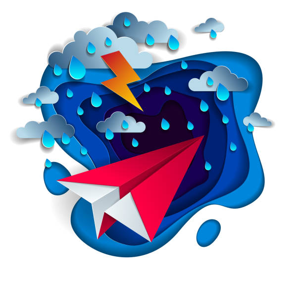 istock Paper plane flying in storm with lightning, origami folded toy jet fights for survival in thunderstorm and rainy weather disaster, vector illustration. 1161645999
