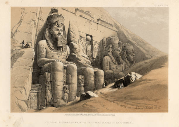Ancient colossal statues at Great Temple of Abu Simbel, Egypt Vintage engraving of Colossal statues at Great Temple of Abu Simbel, by David Roberts. 19th Century. The Abu Simbel temples are two massive rock temples at Abu Simbel, a village in Nubia, Upper Egypt. The twin temples were originally carved out of the mountainside in the 13th century BC. Their huge external rock relief figures have become iconic. ancient egyptian art stock illustrations
