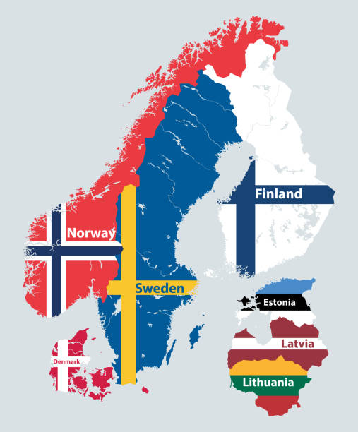 ilustraciones, imágenes clip art, dibujos animados e iconos de stock de los países de las regiones escandinavas y bálticas políticamente mapa detallado mezclado con banderas nacionales. ilustración vectorial - denmark map copenhagen cartography