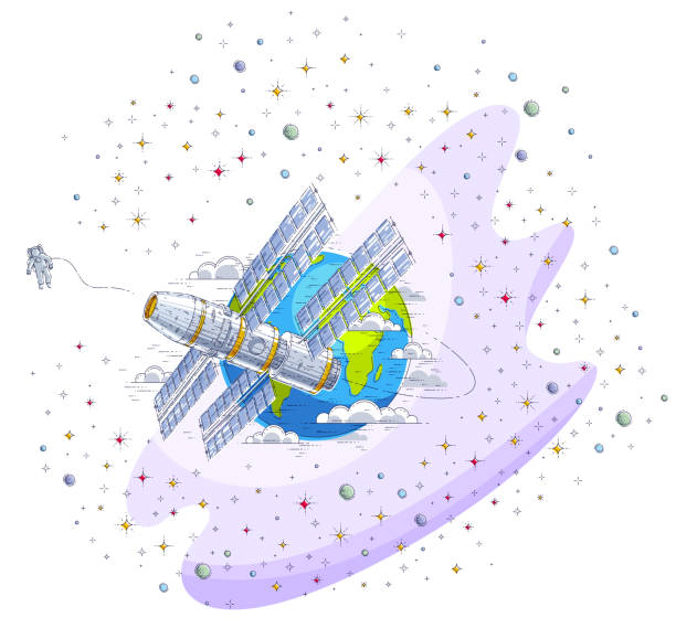 지구 주위에 궤도 우주 비행을 비행 우주 정거장, 우주선 우주선은 태양 전지 패널, 인공 위성, 별과 다른 요소에 둘러싸여있다. 가는 선 3d 벡터 그림입니다. - stratosphere sun cloud power stock illustrations