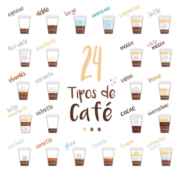 ilustraciones, imágenes clip art, dibujos animados e iconos de stock de conjunto de 24 tipos de café y su preparación en estilo de dibujos animados vector illustration. nombres en español. - latté cafe macchiato cappuccino cocoa