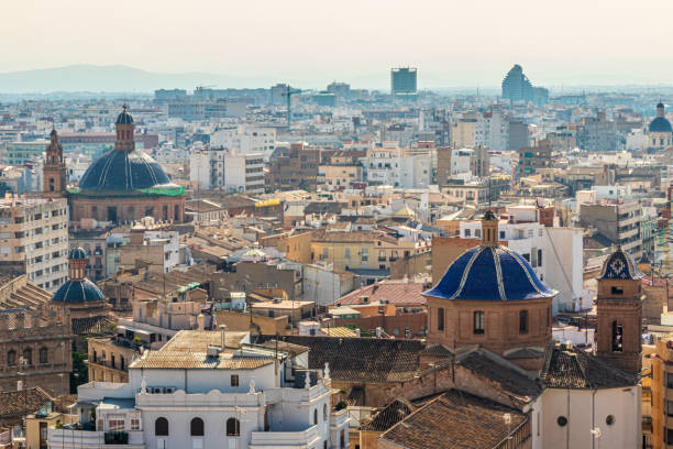 View over the city of Valencia on the Iglesia de la Compania de Jesus and the Real Parroquia de los Santos Juanes, Valencia, Spain
