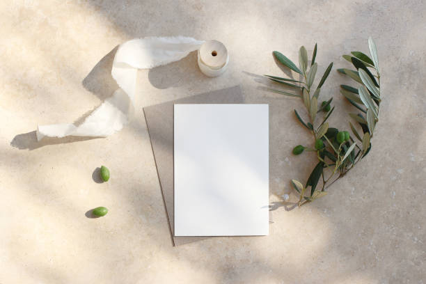 istock Summer wedding stationery mock-up scene. Blank greeting card, invitation. Craft envelope, olive fruit, branch and silk ribbon. Elegant marble background in sunlight, shadows. Flat lay, top view. 1161649270