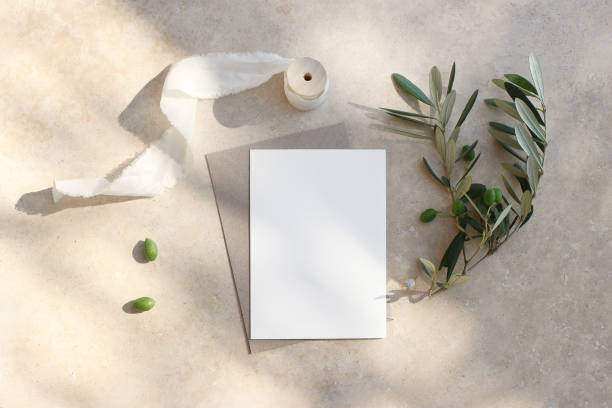 Summer wedding stationery mock-up scene. Blank greeting card, invitation. Craft envelope, olive fruit, branch and silk ribbon. Elegant marble background in sunlight, shadows. Flat lay, top view. stock photo