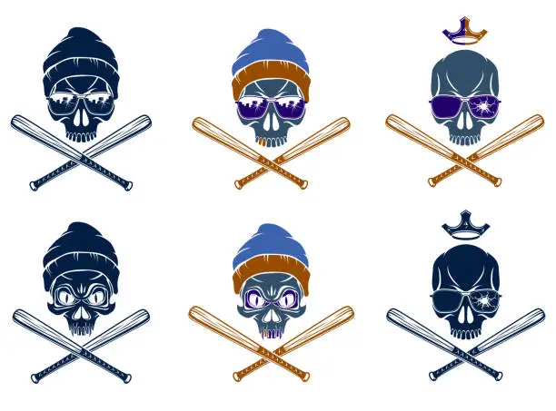 Vector illustration of Gangster emblem tattoo with aggressive skull and baseball bats, vector set, criminal ghetto vintage style, gangster anarchy or mafia theme.