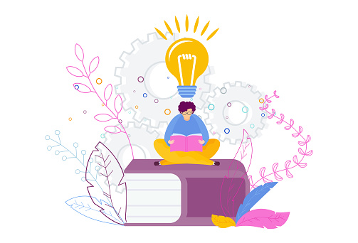 Tiny man is sitting on a big book and reading. Knowledge and education. New idea and success. Library and training courses for students, pupils and businesses. Trendy flat vector style characters.