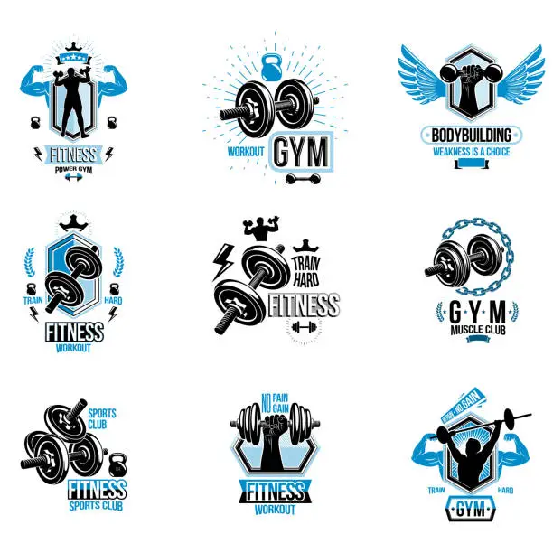 Vector illustration of Vector fitness workout theme emblems and inspiring posters collection created with dumbbells, barbells, disc weights sport equipment and muscular sportsman body silhouettes.