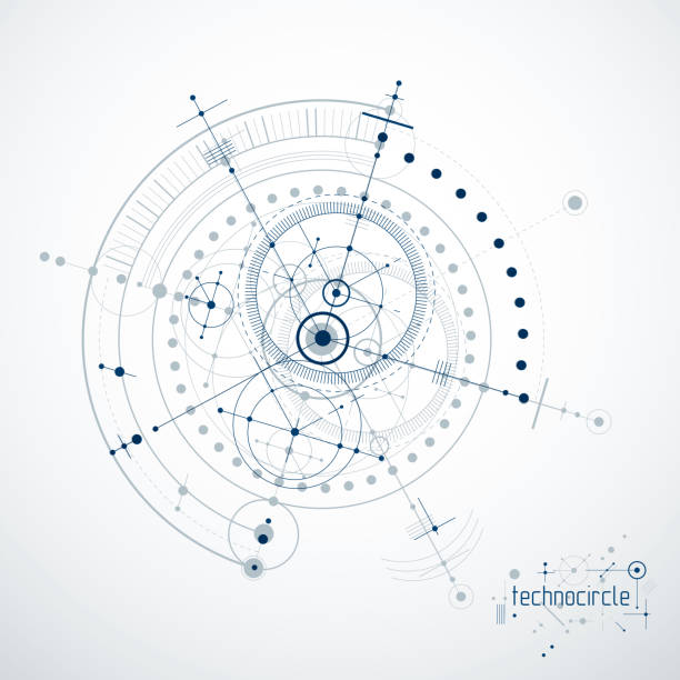 illustrations, cliparts, dessins animés et icônes de plan technique, projet d'ingénierie abstrait pour une utilisation dans la conception graphique et web. dessin vectoriel du système industriel créé avec des lignes et des cercles. - wire mesh equipment gear working