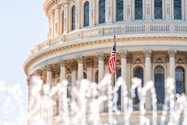 cupola del congresso degli stati uniti con primo piano di schizzi di fontane d'acqua e bandiera americana che sventola a washington dc - capitol hill voting dome state capitol building foto e immagini stock