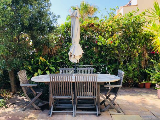 istock Garden patio with table and chairs 1161652538