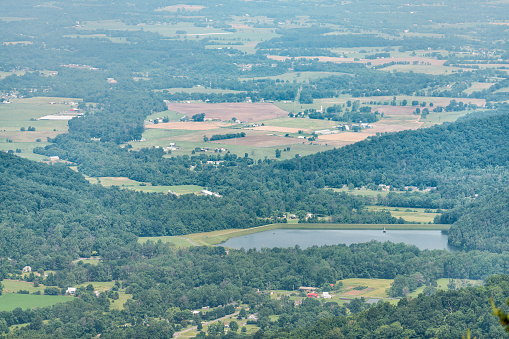 High angle view of lake in Shenandoah Blue Ridge appalachian mountains on skyline drive overlook