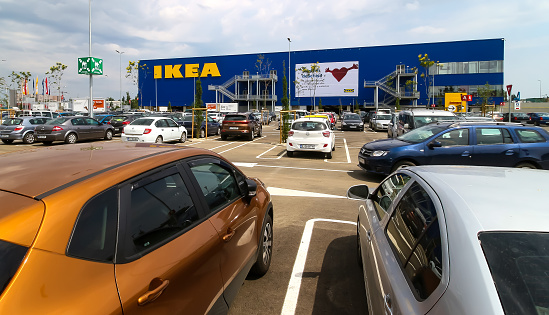 Bucharest, Romania - June 24, 2019: The IKEA building and the parking next to it are seen in the opening day of the IKEA Pallady store, which is the second in Bucharest and elsewhere in Romania.