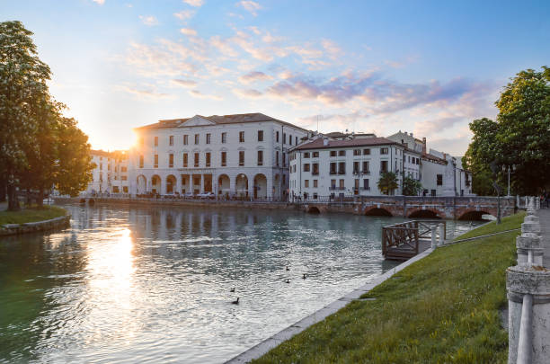 The embankment in Treviso in the evening. stock photo