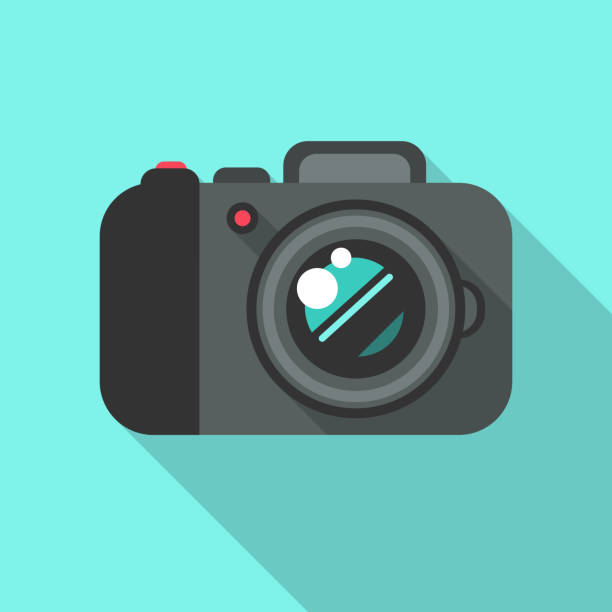 ilustraciones, imágenes clip art, dibujos animados e iconos de stock de icono vectorial de diseño plano de la cámara de fotos digital - cámara ilustraciones