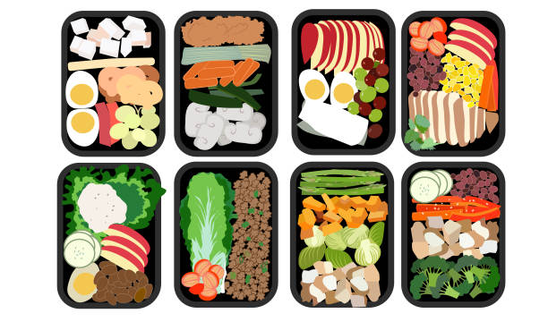 ilustrações de stock, clip art, desenhos animados e ícones de healthy meal prep box set - healthy eating healthy lifestyle salad vegetable