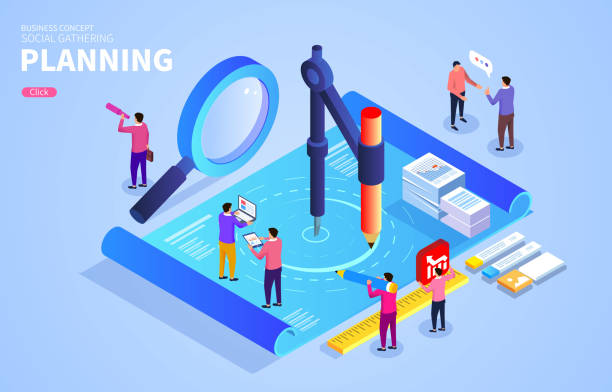 Business plan concept, a group of businessmen working on the drawings Business plan concept, a group of businessmen working on the drawings business plan document stock illustrations