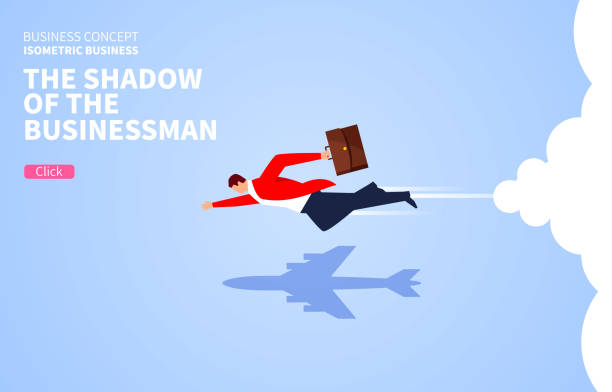 The shadow of a flying businessman turns into an airplane The shadow of a flying businessman turns into an airplane emission nebula stock illustrations
