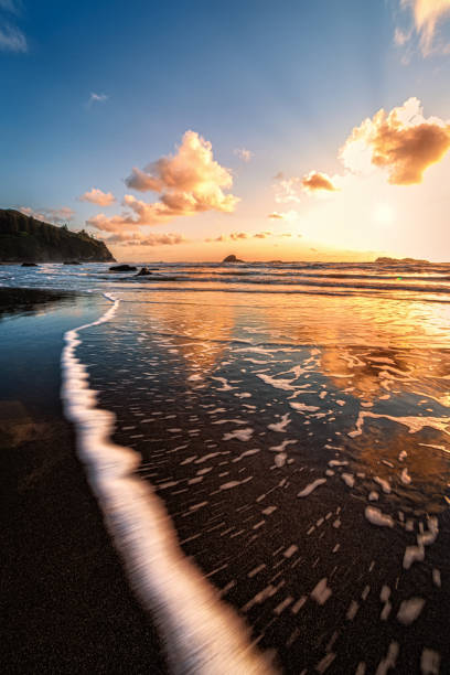 puesta de sol en una playa rocky del noroeste del pacífico - humboldt county california coastline island fotografías e imágenes de stock