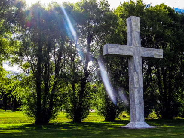 istock Catholic cross in big garden with sunbeams and copy space 1161679406