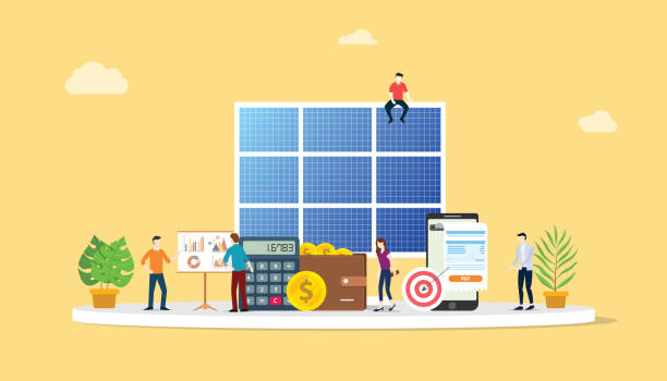 ilustraciones, imágenes clip art, dibujos animados e iconos de stock de empresa de energía de paneles solares eléctrico ahorro financiero eficiente para soluciones más baratas con personas del equipo trabajan juntos - vector - solarpanel