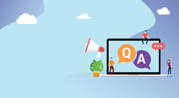 pytanie i zapytać lub qa dla obsługi klienta z wolnego miejsca na tekst i laptop i osób z ikoną megafon - faq it support internet support stock illustrations