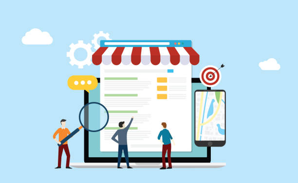 ilustraciones, imágenes clip art, dibujos animados e iconos de stock de local seo estrategia de mercado de la estrategia de negocio de optimización del motor de búsqueda con personas del equipo que trabajan juntos en la parte delantera de la tienda y mapas en línea - vector - marketing branding internet google