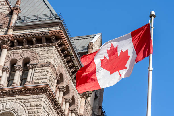 la bandiera canadese con old city hall sullo sfondo a toronto, canada - canadian flag immagine foto e immagini stock